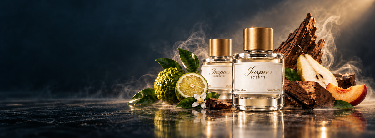 Inspo Scents perfume bottles surrounded by bergamot, fruit and fine woods